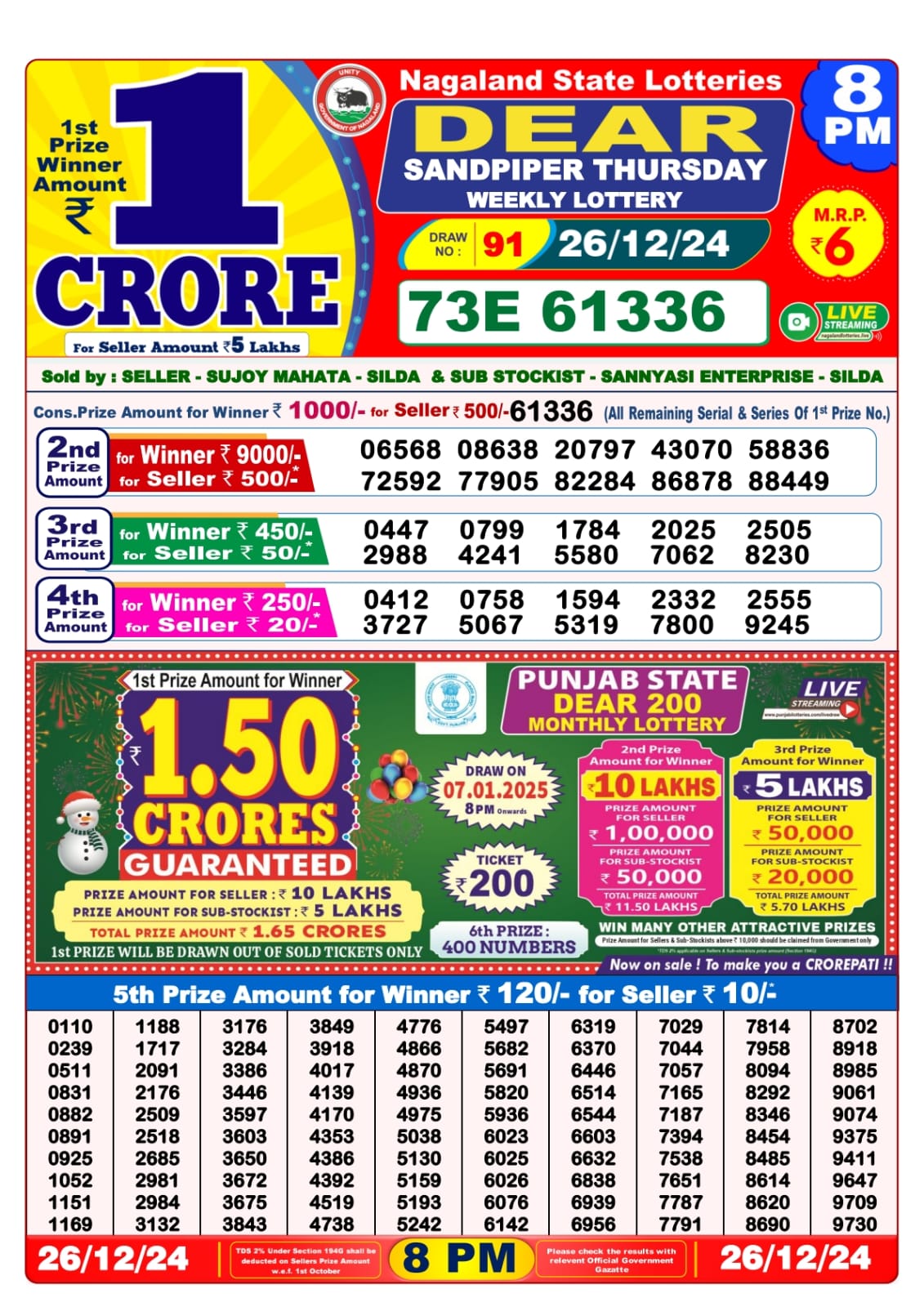 Lottery Sambad Today 26.12.24 8PM