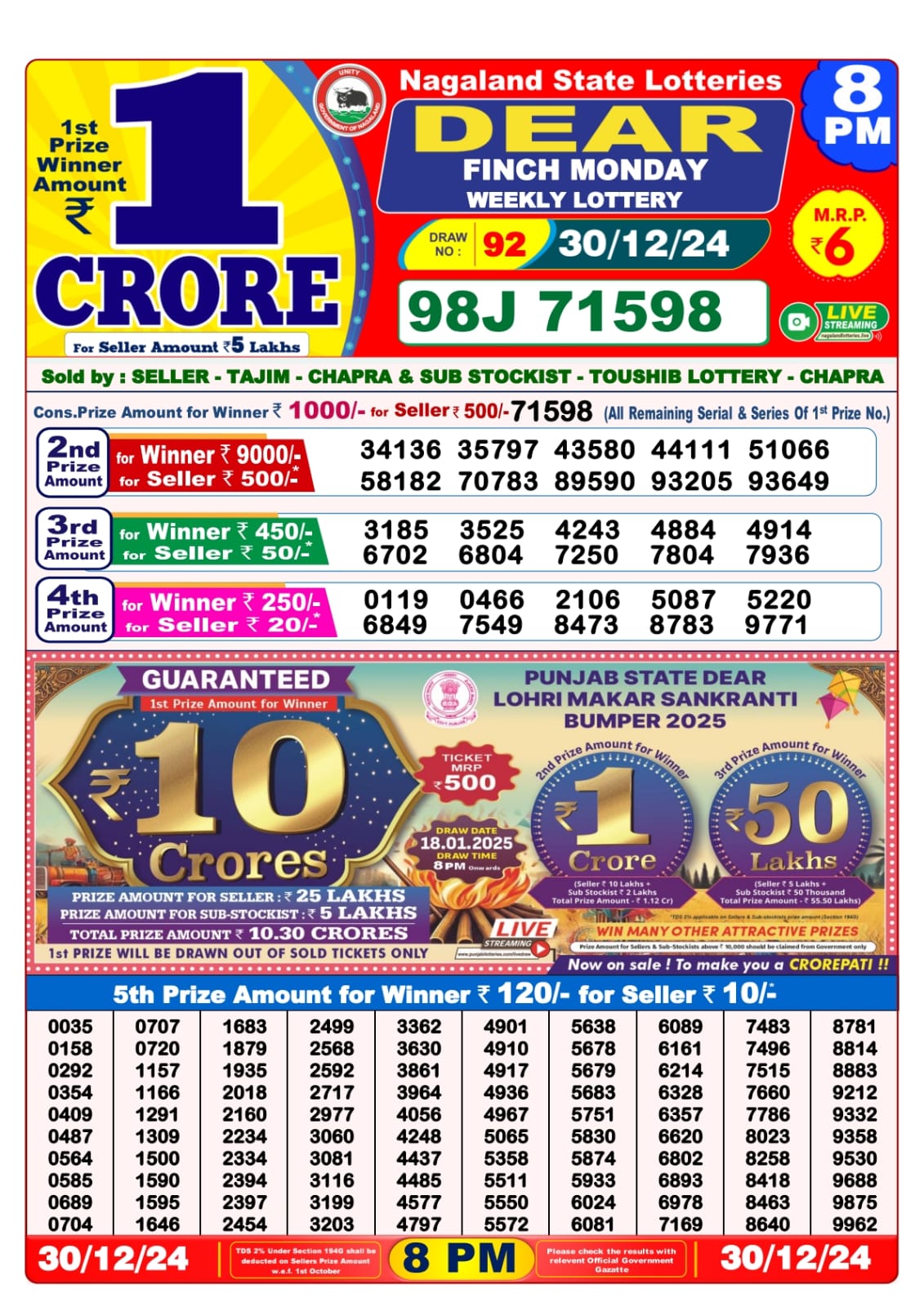 Lottery Sambad Today 30.12.24 8PM